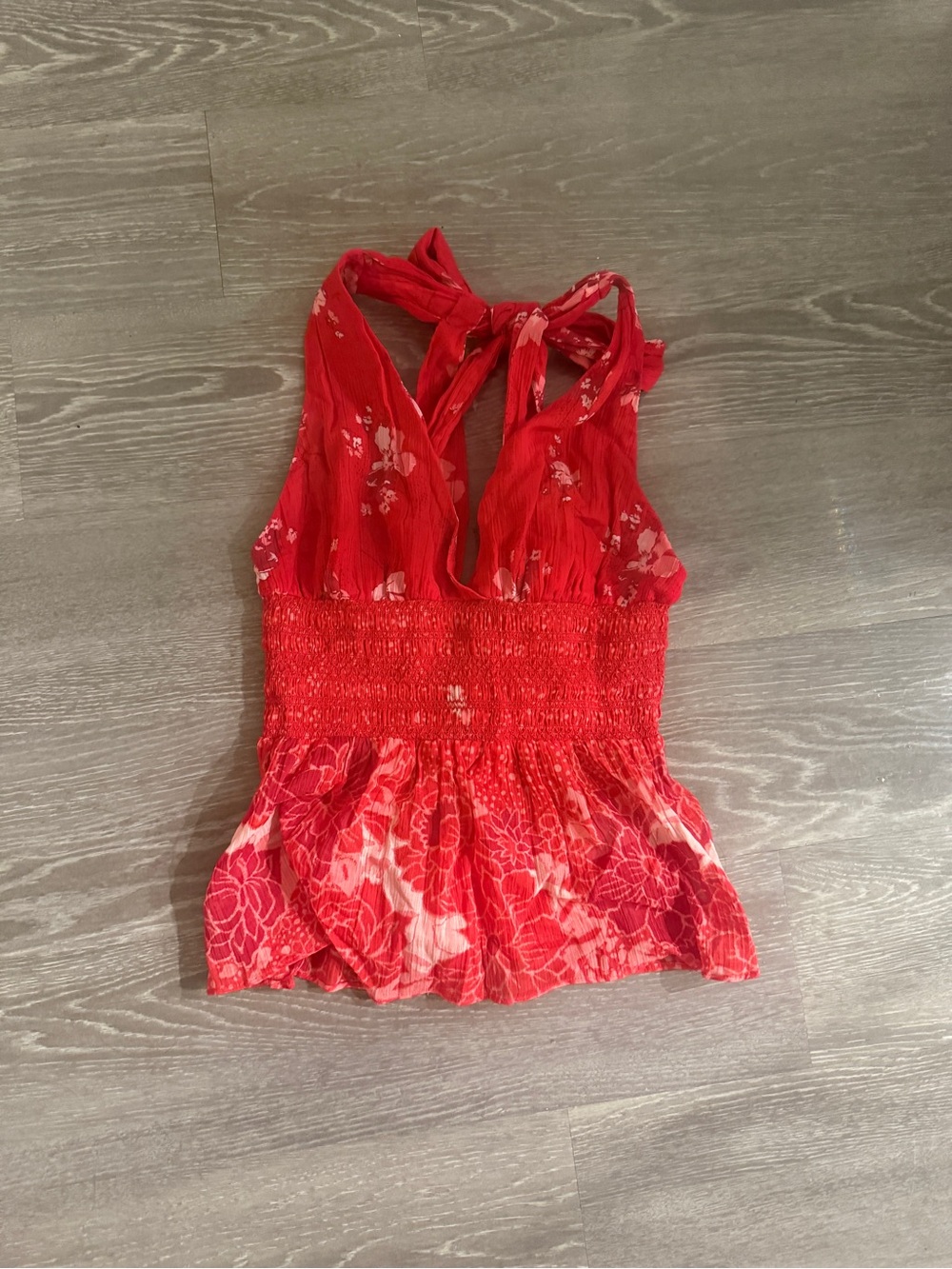 Free People Red Floral Halter Smocked Peplum Camisole